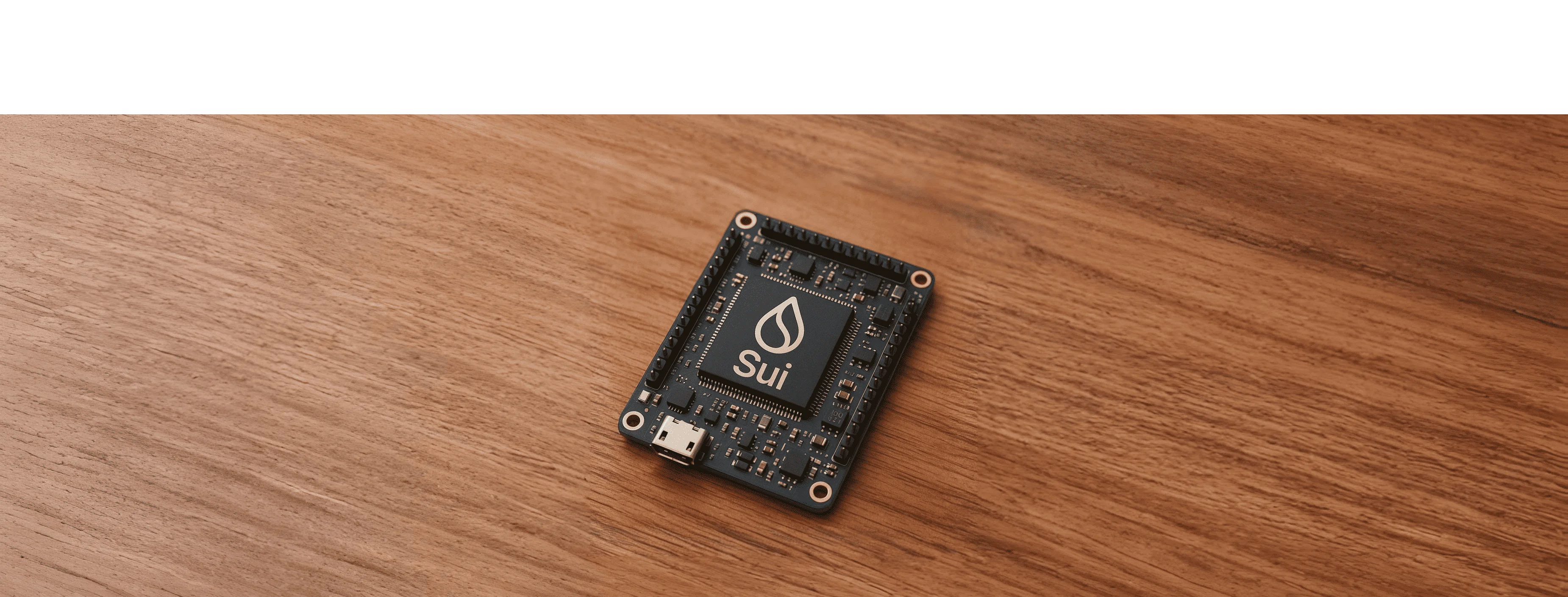 A microcontroller board with a Sui chip on a wooden workbench